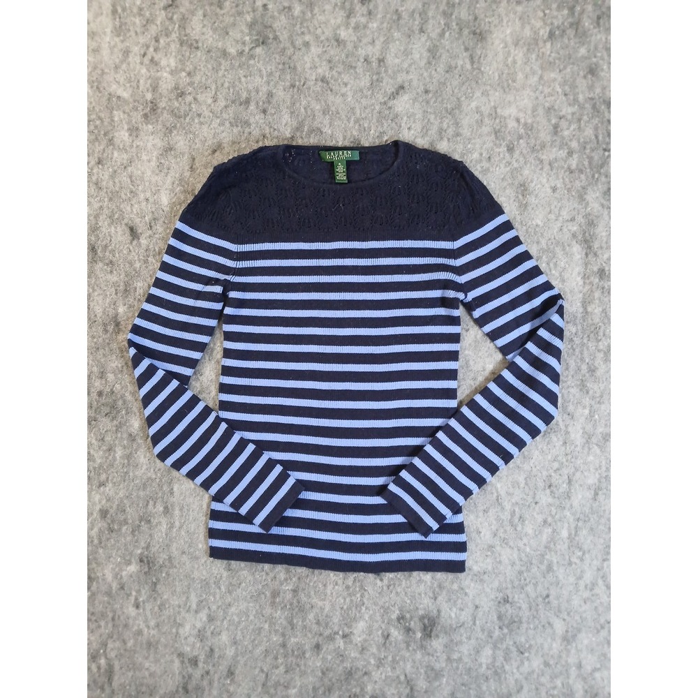 Lauren Ralph Lauren Sweater Women Large Petite Blue Striped Lace Top Ribbed